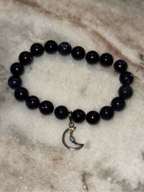 925 Sterling Silver Blue Goldstone Moon Charm Bracelet